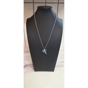 Frog Pendant Necklace 925 Sterling Silver Blue Opal Inlay 316L‎ S.Steel Chain